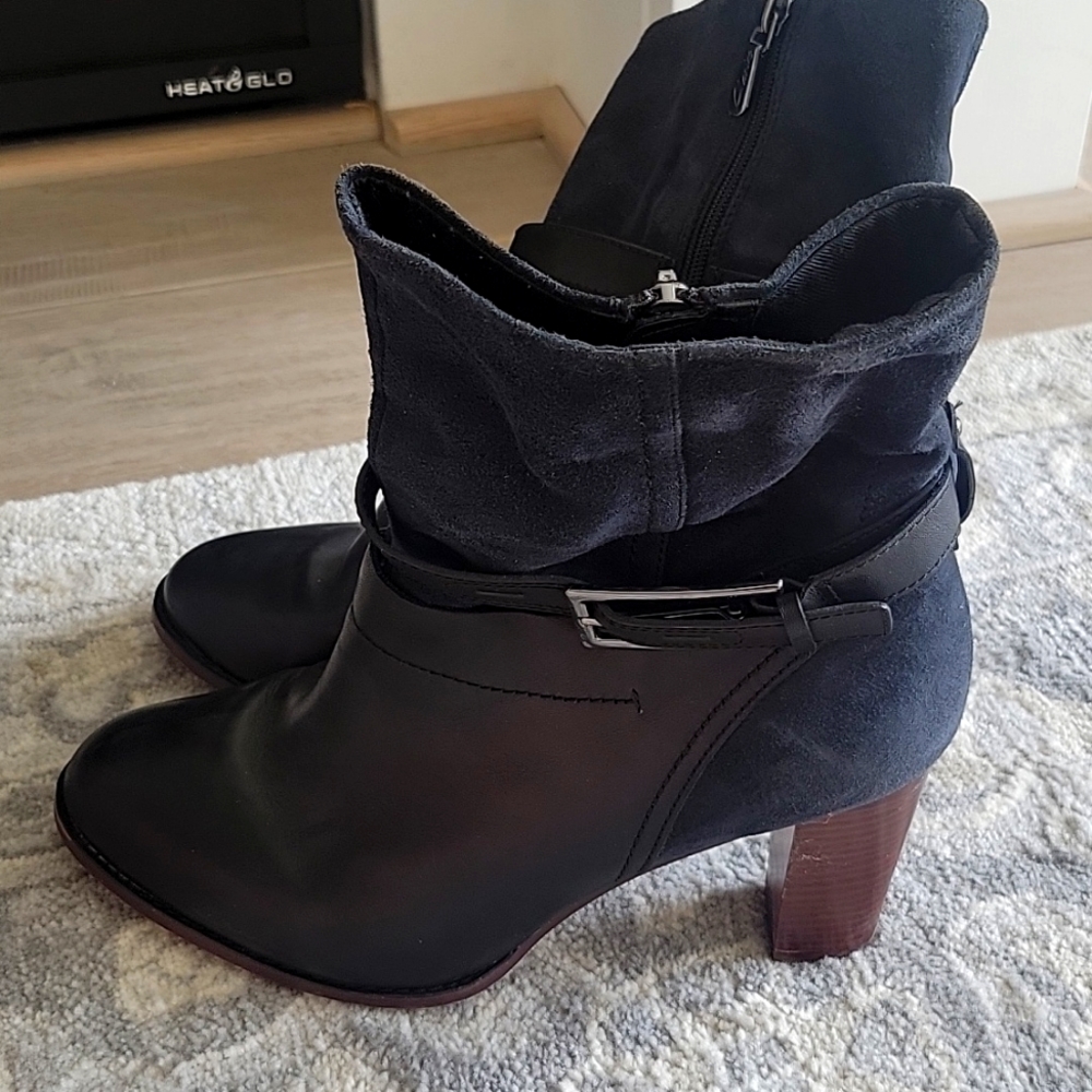 Gorgeous, Navy Blue, Leather and Suede, Stacked High Heeled Boots